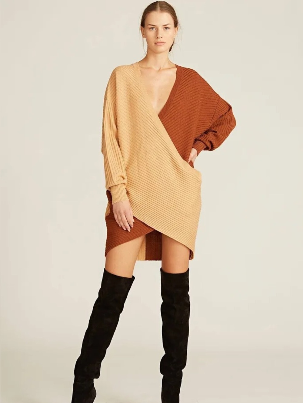 $448 AMUR Samira Women's Brown Twist-Front Cutout Sweater Dress